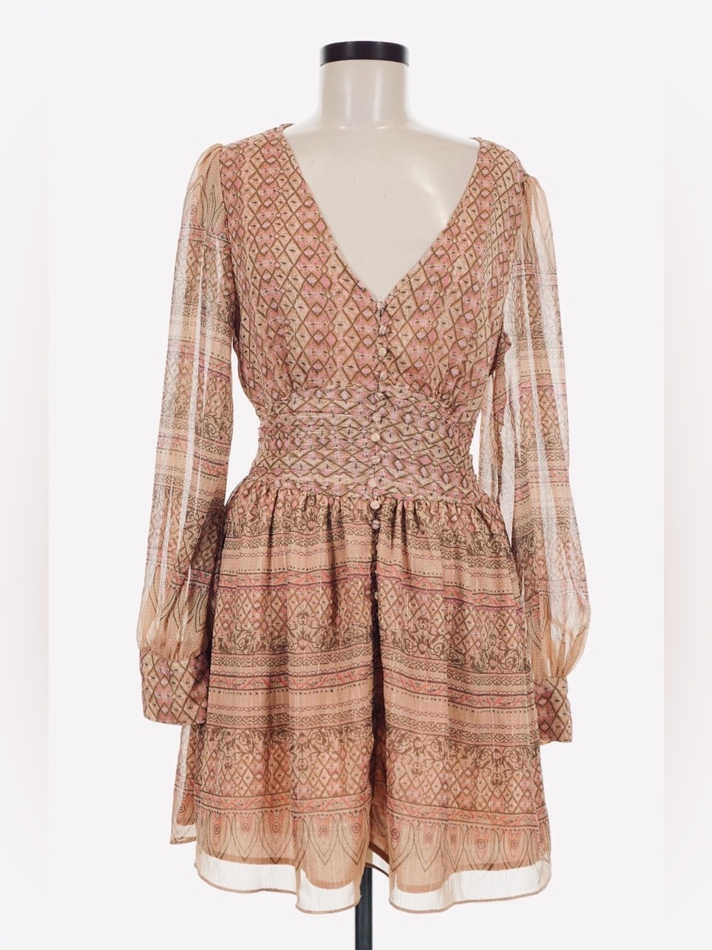 House of Harlow 1960 Pink and Tan Printed V-Neck Long Sleeve Dress